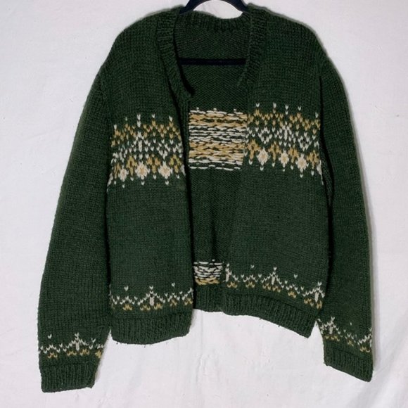 Handmade Hand Knit Green Yellow Open Front Cardigan XL - Picture 1 of 11